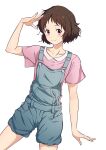  1girl absurdres arm_up brown_hair collared_shirt commentary_request cowboy_shot hand_to_head highres hyouka ibara_mayaka light_blush looking_at_viewer nijizuki_shino overalls pink_shirt purple_eyes salute shirt short_hair simple_background smile solo standing white_background 