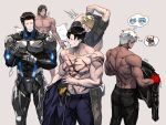  abs back black_hair blonde_hair clark_still cyborg dark-skinned_male dark_skin heidern highres k&#039;_(kof) long_hair long_sideburns male_focus maxima multiple_boys muscular muscular_male pectorals ralf_jones scar scar_on_chest short_hair sideburns syachiiro the_king_of_fighters undressing white_hair 