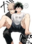  ! !! 2boys bakugou_katsuki barefoot blonde_hair blush boku_no_hero_academia collarbone cut_(nifuhami_35) feet freckles green_eyes green_hair groping hand_on_thigh holding_person looking_at_another male_focus midoriya_izuku multiple_boys red_eyes shirt shorts simple_background speech_bubble spiked_hair sweatdrop toes white_background white_shirt yaoi 