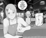  1boy 1girl anger_vein apron ass blood blush boruto:_naruto_next_generations breasts collarbone faceless faceless_male facial_mark forehead_mark greyscale haruno_sakura highres iced_latte_with_breast_milk_(meme) looking_at_another meme monochrome naked_apron naruto_(series) nosebleed small_breasts spoken_character starbucks torikku_(torikku1995) 