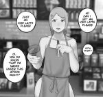  1girl anger_vein apron asymmetrical_bangs bangs boruto:_naruto_next_generations breasts cup english_text eyebrows_visible_through_hair greyscale haruno_sakura highres iced_latte_with_breast_milk_(meme) looking_at_viewer marker meme monochrome naked_apron naruto_(series) small_breasts solo starbucks torikku_(torikku1995) 