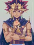  1boy absurdres armlet atem black_hair blonde_hair cape closed_mouth commentary earrings flower framed hands_up highres holding holding_flower jewelry looking_at_viewer male_focus millennium_puzzle on_(isk1812) pink_flower smile solo spiked_hair upper_body yu-gi-oh! yu-gi-oh!_duel_monsters 