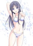  1girl :d akiyama_mio arm_up armpits bangs bare_shoulders bikini black_hair blue_eyes collarbone commentary_request dresstrip eyebrows_visible_through_hair k-on! long_hair looking_at_viewer navel open_mouth pointing pointing_at_viewer simple_background smile solo striped striped_bikini swimsuit thighs white_background 