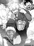  !? 2boys bakugou_katsuki bead_necklace beads boku_no_hero_academia boots carrying carrying_over_shoulder carrying_person cut_(nifuhami_35) freckles fur_trim greyscale jewelry knee_pads male_focus midoriya_izuku monochrome multiple_boys multiple_necklaces necklace open_mouth spiked_hair tree twitter_username 