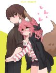  1boy 1girl animal_ear_fluff animal_ears artist_name bangs black_bow blush bow bra breasts brown_eyes brown_hair cleavage closed_mouth commentary_request eyebrows_visible_through_hair fate/extra fate/extra_ccc fate_(series) fox_ears fox_girl fox_tail hair_between_eyes hair_bow heart hetero holding_hands hood hoodie kishinami_hakuno_(male) large_breasts long_hair long_sleeves looking_at_another lovestruck mzoo39 open_clothes open_hoodie pink_bra pink_hair pink_hoodie short_shorts shorts sidelocks striped striped_hoodie sweatdrop sweater tail tamamo_(fate) tamamo_no_mae_(fate/extra) tamamo_no_mae_(spring_casual)_(fate) tsukumihara_academy_uniform_(fate/extra_ccc) twitter_username underwear white_background white_bow yellow_background yellow_eyes 