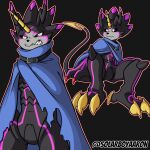  anthro bandai_namco belt black_body black_sclera cape claws clothing digimon digimon_ghost_game glowing glowing_eyes grusgammamon hi_res horn male sharp_teeth solarboyaaron solo teeth 