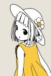  1girl bangs blunt_bangs commentary_request dress flower from_behind greyscale hat hat_flower highres katsuwo_(cr66g) kise_saki looking_to_the_side mitsuboshi_colors monochrome parted_lips partially_colored short_hair simple_background solo split_mouth upper_body yellow_dress 