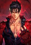  1boy bangs black_hair black_jacket brown_eyes closed_mouth fingerless_gloves gloves hungry_clicker jacket kazama_jin looking_at_viewer muscular muscular_male pectorals red_gloves shoulder_spikes spikes tekken zipper zipper_pull_tab 