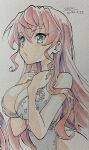  1girl artist_name blue_eyes blush breasts cleavage cototiworld dated eyebrows_visible_through_hair highres large_breasts leotard long_hair looking_at_viewer maria_cadenzavna_eve pink_hair senki_zesshou_symphogear shiny shiny_hair sketch solo upper_body white_leotard 