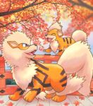  :d ^_^ animal_focus arcanine bridge brown_eyes claws closed_eyes commentary_request day evolutionary_line fang from_side growlithe happi_xfyg leaf looking_back no_humans open_mouth outdoors pokemon pokemon_(creature) smile standing tongue 