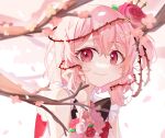  1girl bangs black_bow bow clothing_cutout dress eyebrows_visible_through_hair flower hair_flower hair_ornament hinachi_(chiichan0990) nijisanji nijisanji_en pink_eyes pink_flower pink_hair plant portrait red_dress red_flower red_rose rose rosemi_lovelock short_sidetail shoulder_cutout smile solo thorns vines virtual_youtuber 