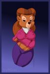  2022 anthro big_breasts black_nose breasts brown_hair clothed clothing digital_media_(artwork) disney female hair hi_res long_hair looking_at_viewer mammal mature_anthro mature_female multicolored_body nipples rebecca_cunningham simple_background solo talespin two_tone_body underwear ursid vylfgor 
