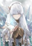  1girl anastasia_(fate) bangs blue_cloak blue_eyes blush breasts cloak doll dress fate/grand_order fate_(series) fur_trim hair_over_one_eye hairband highres holding holding_doll ice jewelry kdm_(ke_dama) large_breasts long_hair looking_at_viewer neck_ring outstretched_arm silver_hair snow snowing very_long_hair viy_(fate) white_dress 