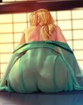  1girl arms_at_sides ass ass_focus back backboob bare_back bare_shoulders blonde_hair blurry blurry_background breasts butt_crack curvy facing_away from_behind hair_tie hidden_face huge_ass huge_breasts long_hair naruto naruto_(series) naruto_shippuuden nikichen reflection robe see-through sitting solo sweat tsunade_(naruto) wide_hips 