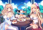  2girls :d arch_bishop_(ragnarok_online) bangs beret black_capelet black_cloak black_legwear blonde_hair blue_dress blue_eyes blue_sky breasts bun_cover capelet cleavage cloak closed_mouth cloud collarbone commentary_request cup day double_bun dress feet_out_of_frame food fork fur-trimmed_capelet fur-trimmed_cloak fur_trim hat holding holding_cup holding_fork juliet_sleeves knife long_hair long_sleeves medium_breasts multiple_girls outdoors puffy_sleeves purple_headwear ragnarok_online red_eyes sandwich saucer shrug_(clothing) sky smile sorai_shin&#039;ya teacup thighhighs tiered_tray tilted_headwear very_long_hair warlock_(ragnarok_online) white_dress white_legwear 