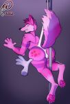  absurd_res anthro bullying canid canine clothed clothing digital_media_(artwork) disembodied_hand fox fur hair hanging_wedgie hi_res humiliation male mammal pawpads pink_body pole purple_hair ramerooni simple_background slap solo suspension underwear wedgie 