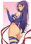  1girl absurdres artist_name ass blue_leotard breasts bridal_gauntlets closed_mouth elizabeth_braddock english_commentary from_behind highres leotard lipstick long_hair looking_to_the_side makeup mandytsune marvel psylocke purple_eyes purple_hair red_sash sash simple_background solo thigh_strap x-men 