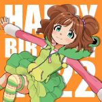  1girl 2022 blush green_eyes happy_birthday highres hood hood_down hoodie idolmaster idolmaster_(classic) looking_at_viewer lying naruse_ill on_back orange_background orange_hair pink_sleeves solo takatsuki_yayoi thighhighs twintails 