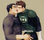  2boys bara batman batman_(series) black_bodysuit black_hair bodysuit brown_hair bruce_wayne closed_eyes covered_abs dc_comics gloves green_bodysuit green_lantern green_lantern_(series) hal_jordan highres htnks2 incoming_kiss large_pectorals male_focus multiple_boys muscular muscular_male open_mouth pectorals short_hair sideburns twitter_username two-tone_bodysuit white_gloves yaoi 