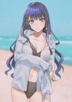  1girl arm_grab ass_visible_through_thighs beach bikini bikini_under_clothes black_bikini blue_eyes blurry blurry_background breasts cleavage contrapposto curly_hair earrings hood hoodie jewelry looking_at_viewer multiple_rings navel ocean original ring sand sinomi solo swimsuit 
