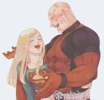  1boy 1girl bald bara black_bodysuit blonde_hair blue_shirt bodysuit cape closed_eyes crossover dc_comics deadpool highres htnks2 large_pectorals long_hair looking_at_another marvel muscular muscular_male open_mouth pectorals red_bodysuit red_cape shirt smile supergirl superman_(series) twitter_username two-tone_bodysuit upper_body 