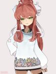  1girl alternate_costume brown_hair clenched_hand doki_doki_literature_club eyebrows_visible_through_hair glitch green_eyes grey_background hair_ribbon half-closed_eyes hand_on_hip highres monika_(doki_doki_literature_club) onionsketch ponytail ribbon smile solo sweater white_ribbon white_sweater 