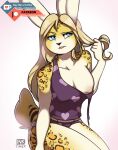  2020 annoyed anthro blonde_hair blue_eyes chi_(inktiger) colored female gradient_background hair holding_hair hybrid inktiger lagomorph legs_together leopard_spots leporid mammal nipple_outline nipple_slip rabbit shaded signature simple_background smile smirk solo spots text touching_hair url watermark 