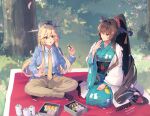 2girls :o alternate_costume artist_name blanket blazer blue_jacket blush breasts brown_eyes brown_hair brown_pants cherry_blossoms dappled_sunlight dated food_request hair_between_eyes highres himeyamato iowa_(kancolle) jacket japanese_clothes kantai_collection kashiwa_mochi_(food) kimono large_breasts long_hair multiple_girls multiple_views necktie no_shoes obi pants petals ponytail rigging sash seiza shirt sitting smile sunlight tree very_long_hair white_shirt wide_sleeves yamato_(kancolle) yellow_necktie 