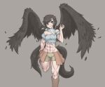  1girl abs bandana bangs bare_shoulders black_hair black_wings blue_bandana blue_shirt boots breasts brown_footwear brown_skirt cleavage closed_mouth falling_feathers feathered_wings flannel foot_out_of_frame hand_up holding_leg horse_girl horse_tail kurokoma_saki legs long_hair medium_breasts midriff muscular muscular_female navel no_hat no_headwear off-shoulder_shirt off_shoulder pegasus_wings ponytail red_eyes sheepepp shirt short_sleeves simple_background skirt smile solo swept_bangs tail thick_thighs thighs touhou wings 