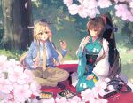  2girls :o alternate_costume artist_name blanket blazer blue_jacket blush breasts brown_eyes brown_hair brown_pants cherry_blossoms dappled_sunlight dated food_request hair_between_eyes highres himeyamato iowa_(kancolle) jacket japanese_clothes kantai_collection kashiwa_mochi_(food) kimono large_breasts long_hair multiple_girls multiple_views necktie no_shoes obi pants petals ponytail rigging sash seiza shirt sitting smile sunlight tree very_long_hair white_shirt wide_sleeves yamato_(kancolle) yellow_necktie 