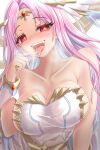  +_+ 1girl archangel_gabriel_(guardian_tales) bare_shoulders blush breasts circlet cleavage close-up eyebrows_visible_through_hair finger_to_tongue guardian_tales highres large_breasts long_hair looking_at_viewer no_bra open_mouth pink_hair red_eyes saliva tongue tongue_out udon_frozen upper_body 