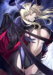  1girl artoria_pendragon_(fate) artoria_pendragon_(lancer_alter)_(fate) black_bodysuit blonde_hair bodysuit braid breasts center_opening fate/grand_order fate_(series) french_braid hair_between_eyes highres horns large_breasts long_hair looking_at_viewer navel neko_daruma revealing_clothes ribbed_bodysuit sidelocks thighs underboob yellow_eyes 