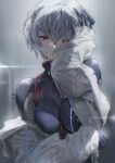  1girl ayanami_rei blue_hair breasts evangelion:_3.0+1.0_thrice_upon_a_time hair_between_eyes highres jacket large_breasts looking_at_viewer mhk_(mechamania) neon_genesis_evangelion plugsuit rain rebuild_of_evangelion red_eyes short_hair solo wet wet_hair white_jacket 