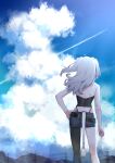  1girl absurdres ahoge arm_at_side bare_arms black_legwear black_nails black_skirt cloud cloudy_sky crop_top day facing_away from_behind hand_on_hip highres hololive lion_tail long_hair mikan_(chipstar182) nail_polish outdoors panty_straps power_lines shishiro_botan silver_hair single_leg_pantyhose skirt sky solo standing tail two_side_up virtual_youtuber 
