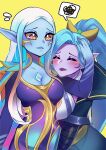  2girls absurdres bangs biyon_tran blue_dress blue_hair blue_skin blush breasts cleavage closed_mouth colored_skin dawnbringer_soraka dress hand_up highres hug large_breasts league_of_legends long_hair looking_at_another multiple_girls notice_lines official_alternate_costume pointy_ears ponytail smile soraka_(league_of_legends) speech_bubble spirit_blossom_vayne spoken_squiggle squiggle tearing_up upper_body vayne_(league_of_legends) wavy_mouth white_hair 