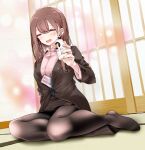  1girl alcohol beer black_legwear blush closed_eyes collared_shirt formal highres light_brown_hair long_hair office_lady oouso original pantyhose shirt sitting skirt skirt_suit solo suit 