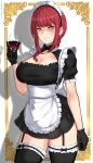  1girl absurdres alternate_costume apron bangs black_dress black_gloves black_legwear braid braided_ponytail breasts chainsaw_man cleavage cowboy_shot cup dress drinking_glass enmaided frilled_dress frilled_legwear frills garter_straps gloves highres hioyami large_breasts long_hair looking_at_viewer maid maid_apron maid_headdress makima_(chainsaw_man) patreon_username red_hair shadow short_dress sidelocks solo thighhighs thighs wine_glass yellow_eyes 