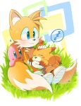  1boy animal_ears animal_nose blue_eyes character_request commentary_request copyright_request fox fox_boy fox_ears fox_tail furry gloves green_eyes highres kirby kirby_(series) male_focus misuta710 multiple_tails no_humans open_mouth sega sleeping smile sonic_(series) sonic_the_hedgehog_(classic) tail tails_(sonic) white_gloves 