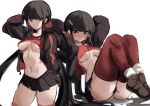  1girl alternate_costume arms_behind_head ass bangs black_hair black_jacket black_panties black_skirt breasts brown_footwear clothes_lift danganronpa_(series) danganronpa_v3:_killing_harmony eyebrows_visible_through_hair grey_background harukawa_maki highres jacket knees_up long_hair looking_at_viewer medium_breasts miniskirt mole mole_under_eye multiple_views navel open_clothes open_jacket open_mouth panties pleated_skirt rakeemspoon red_eyes red_shirt shirt shirt_lift shoes simple_background skirt thighhighs underwear 