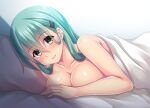  1girl bed_sheet blanket blush breasts cleavage closed_mouth collarbone eyebrows_visible_through_hair fingernails green_eyes green_hair hair_between_eyes hair_ornament hairclip highres kantai_collection large_breasts long_hair pillow ruin_re_birth smile solo suzuya_(kancolle) 