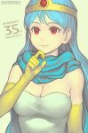  1girl blue_hair breasts cape circlet cleavage closed_mouth dragon_quest dragon_quest_iii dress elbow_gloves gloves gofelem long_hair looking_at_viewer red_eyes sage_(dq3) simple_background smile solo 