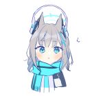  1girl :c animal_ears bangs blue_archive blue_eyes blush cat_ears closed_mouth cross_hair_ornament extra_ears grey_eyes hair_ornament halo headphones_on_animal_ears kyuuri_(miyako) looking_at_viewer medium_hair mismatched_pupils scarf shiroko_(blue_archive) simple_background solo upper_body white_background 