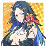  2girls artist_name bare_shoulders black_hair blue_hair border breasts chibi cleavage commentary_request copyright_name crossed_arms dress forehead gem gloves green_eyes hagino_kouta headphones impossible_clothes large_breasts long_hair looking_at_another multicolored_hair multiple_girls open_mouth pointing_at_another pout red_hair ribbon sidelocks streaked_hair tokyo_necro_suicide_mission two-tone_hair upper_body v-shaped_eyebrows white_border yellow_dress yellow_gloves yellow_ribbon 