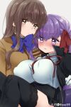  2girls artist_name bangs bb_(fate) bb_(fate/extra) blue_bow blush bow breasts brown_eyes brown_hair brown_shirt closed_mouth commentary_request eyebrows_visible_through_hair eyelashes fate/extra fate/extra_ccc fate_(series) gloves hair_between_eyes kishinami_hakuno_(female) large_breasts lips long_hair long_sleeves looking_at_viewer looking_down lying_on_person multiple_girls mzoo39 purple_eyes purple_hair shirt simple_background thighhighs tsukumihara_academy_uniform_(fate/extra) twitter_username white_background white_gloves white_shirt yuri 