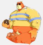  2022 animal_crossing anthro balls clothing dessert doughnut erection eyes_closed food genitals hi_res humanoid_genitalia humanoid_hands humanoid_penis male mammal musclegut nintendo orange_body overweight overweight_male penis phosbara shirt solo teddy_(animal_crossing) topwear ursid video_games 