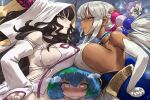  black_hair blonde_hair blue_hair blush breast_press breast_rest breasts breasts_on_head colored_inner_hair commentary drooling earrings earth-chan elbow_gloves english_commentary eyebrows_behind_hair facial_mark fate/grand_order fate_(series) forehead_mark gloves green_hair hair_bobbles hair_ornament hands_on_hips haraya_manawari highres hololive hololive_english hololive_indonesia hood horns jewelry moona_hoshinova multicolored_eyes multicolored_hair original personification platinum_blonde_hair purple_hair sesshouin_kiara smile space symmetrical_docking tsukumo_sana two-tone_hair virtual_youtuber yellow_eyes 