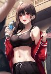  1girl :d absurdres bangs bare_shoulders black_bra black_shorts blurry blurry_background blush bottle bra brown_hair earrings gongha hand_up highres holding holding_bottle indoors jacket jacket_removed jewelry long_hair long_sleeves looking_at_viewer midriff navel open_mouth original red_eyes red_jacket shorts smile sports_bra standing sweat sweatdrop underwear water_bottle 