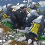  aircraft airplane anthro armor balls bandai_namco big_muscles big_penis black_body black_skin blackwargreymon blonde_hair bodily_fluids city claws cloud cum cum_on_city cumshot digimon digimon_(species) dragon ejaculation eyes_closed genital_fluids genitals hair hand_on_floor hand_on_penis headgear helmet hi_res horn humanoid_genitalia humanoid_penis landscape_dwarfing macro macro_male male masturbation mfive_(artist) mostly_nude muscular muscular_anthro muscular_male open_mouth orgasm_face outside penis sky solo teeth toe_claws tongue vein veiny_penis 