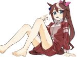  1girl afterimage animal_ears arm_support bangs bare_legs barefoot blue_eyes blush breasts fanning_face foot_out_of_frame high_collar horse_ears horse_girl horse_tail jacket knees_up long_hair long_sleeves looking_at_viewer multicolored_hair open_mouth ponytail red_jacket red_shorts shorts simple_background sitting small_breasts solo speed_lines streaked_hair sweat tail tenoo12 tokai_teio_(umamusume) umamusume white_background 