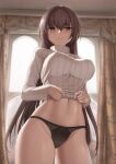  1girl ahoge artist_logo bangs black_panties blush breasts brown_hair cowboy_shot curtains eyebrows_visible_through_hair fate/grand_order fate_(series) grin hair_between_eyes highres kakeku large_breasts long_hair looking_at_viewer navel no_pants panties purple_hair red_eyes ribbed_sweater scathach_(fate) smile solo stomach straight_hair sweater teeth thighs turtleneck turtleneck_sweater underwear undressing white_sweater window 